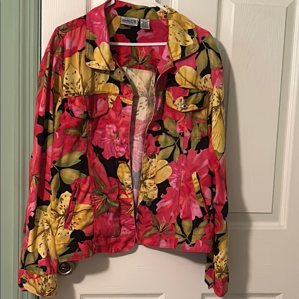 Chico's Floral Women's Jacket - Red and Yellow size